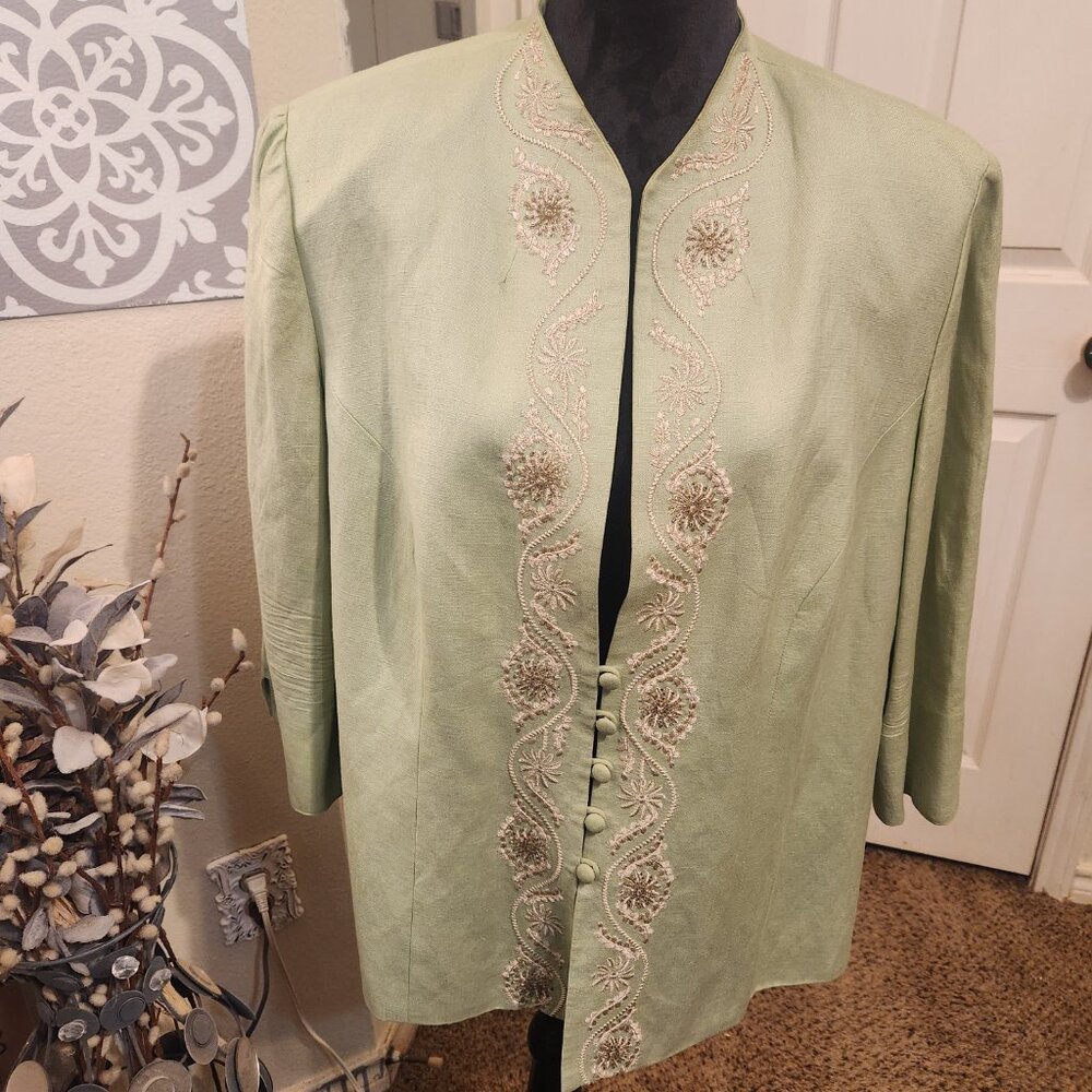 Beautiful Lime Green Jessica Howard Woman Embroidered Linen Blend Jacket Size 16 - Picture 11 of 14